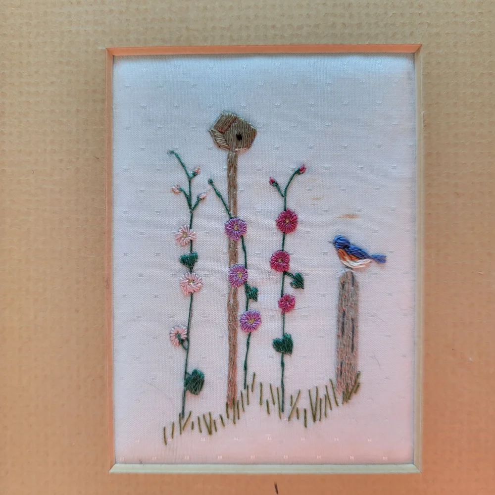 Hand Embroidered Vintage Blue Bird Wall Art - Set of 2 - Picture 8 of 11